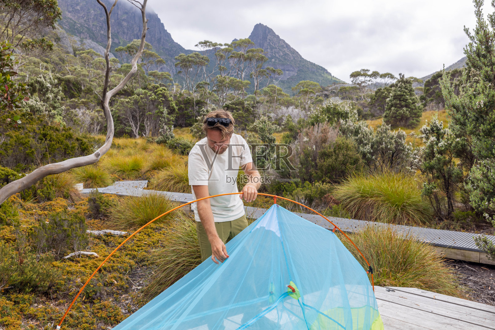 荒野静修:在塔斯马尼亚宁静的风景中，一名男子在木平台上搭帐篷照片摄影图片