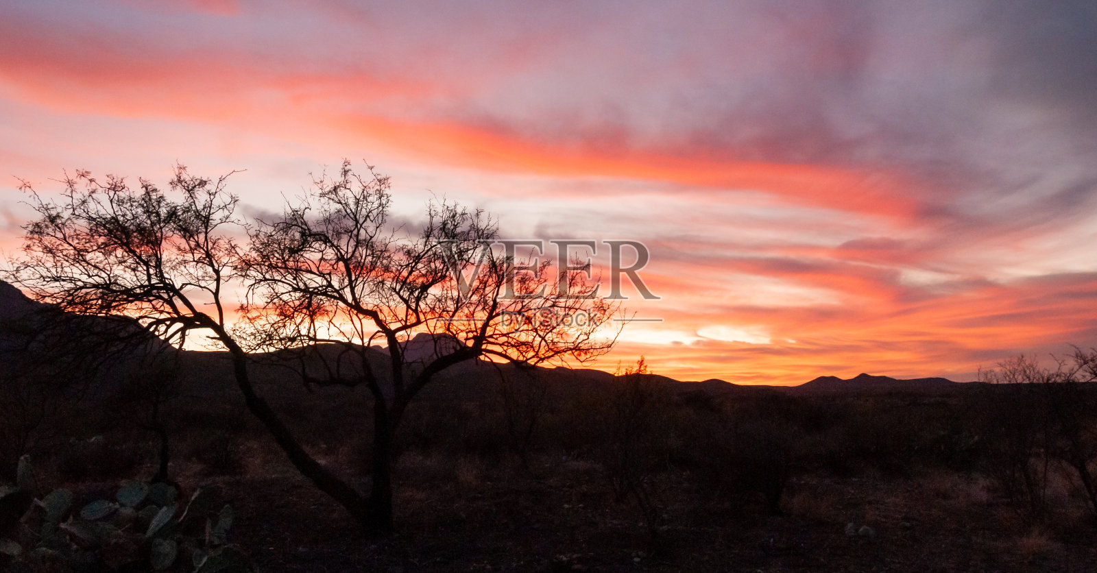德克萨斯州大本德国家公园的石头沙漠上的红色日落照片摄影图片