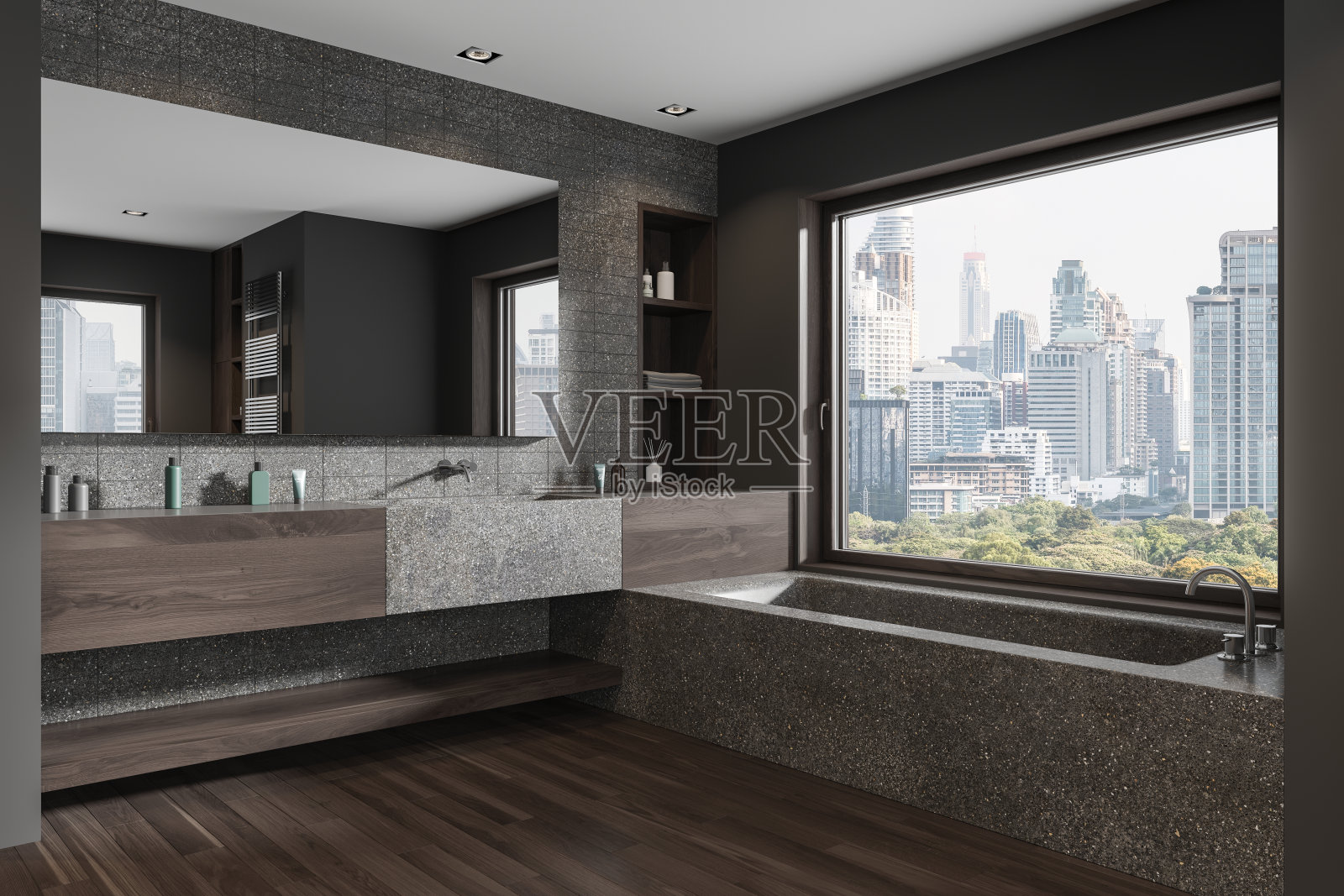 带浴缸和水槽的灰色浴室角落照片摄影图片