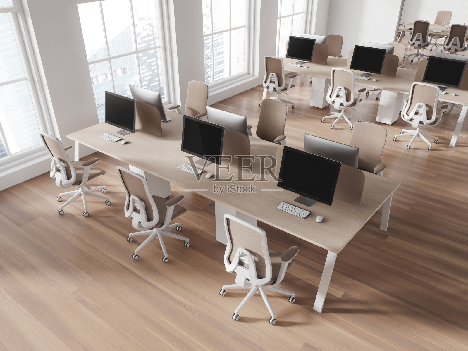 白色开放空间办公室内部，俯视图照片摄影图片