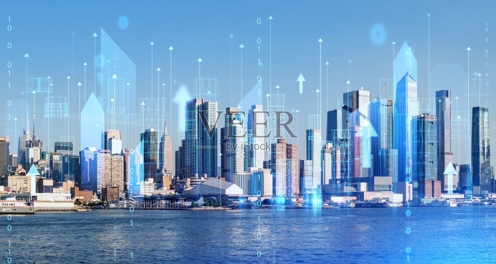 线框数字接口与箭头在纽约市照片摄影图片