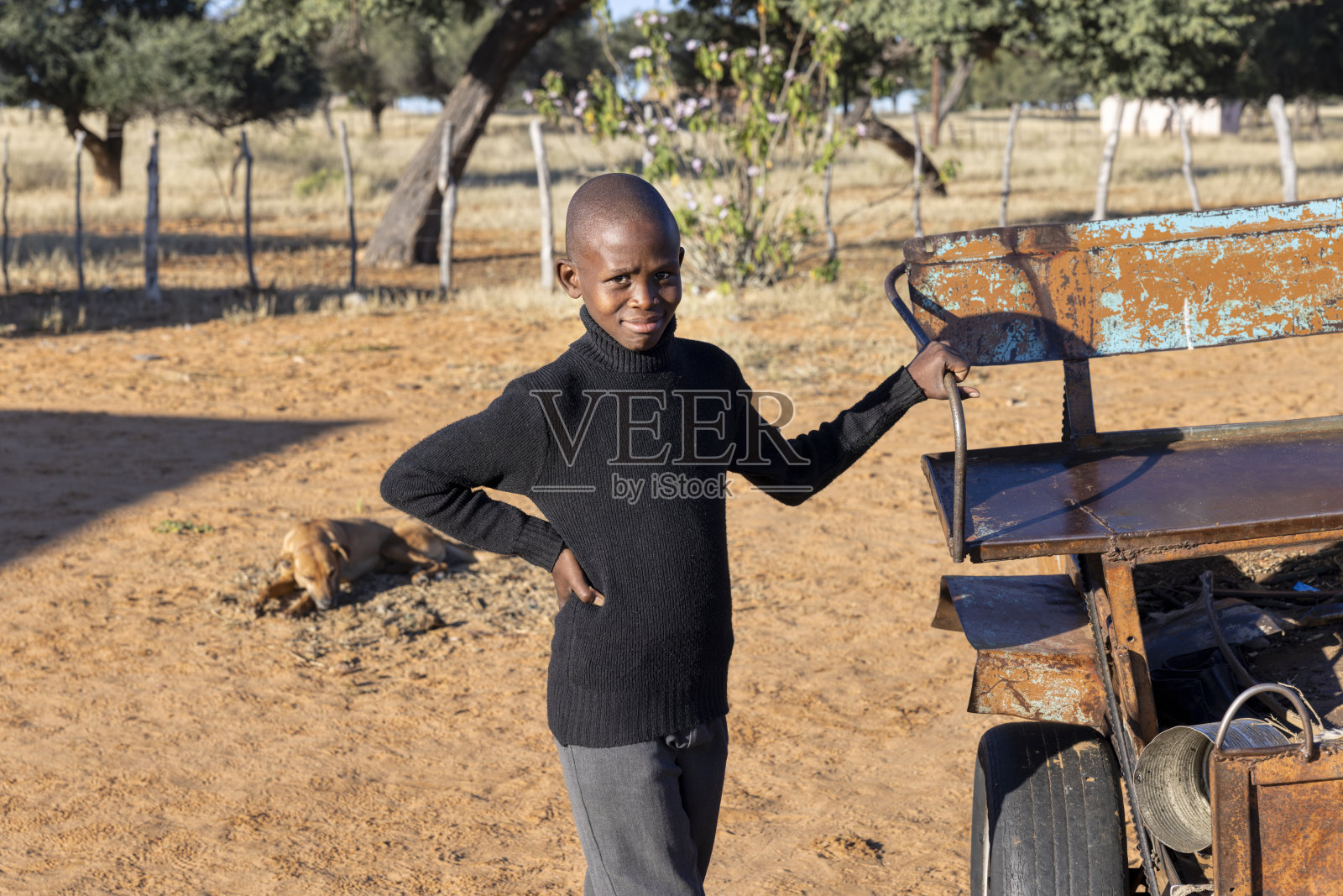 非洲村里一个光头的小男孩站在一辆驴车旁边照片摄影图片