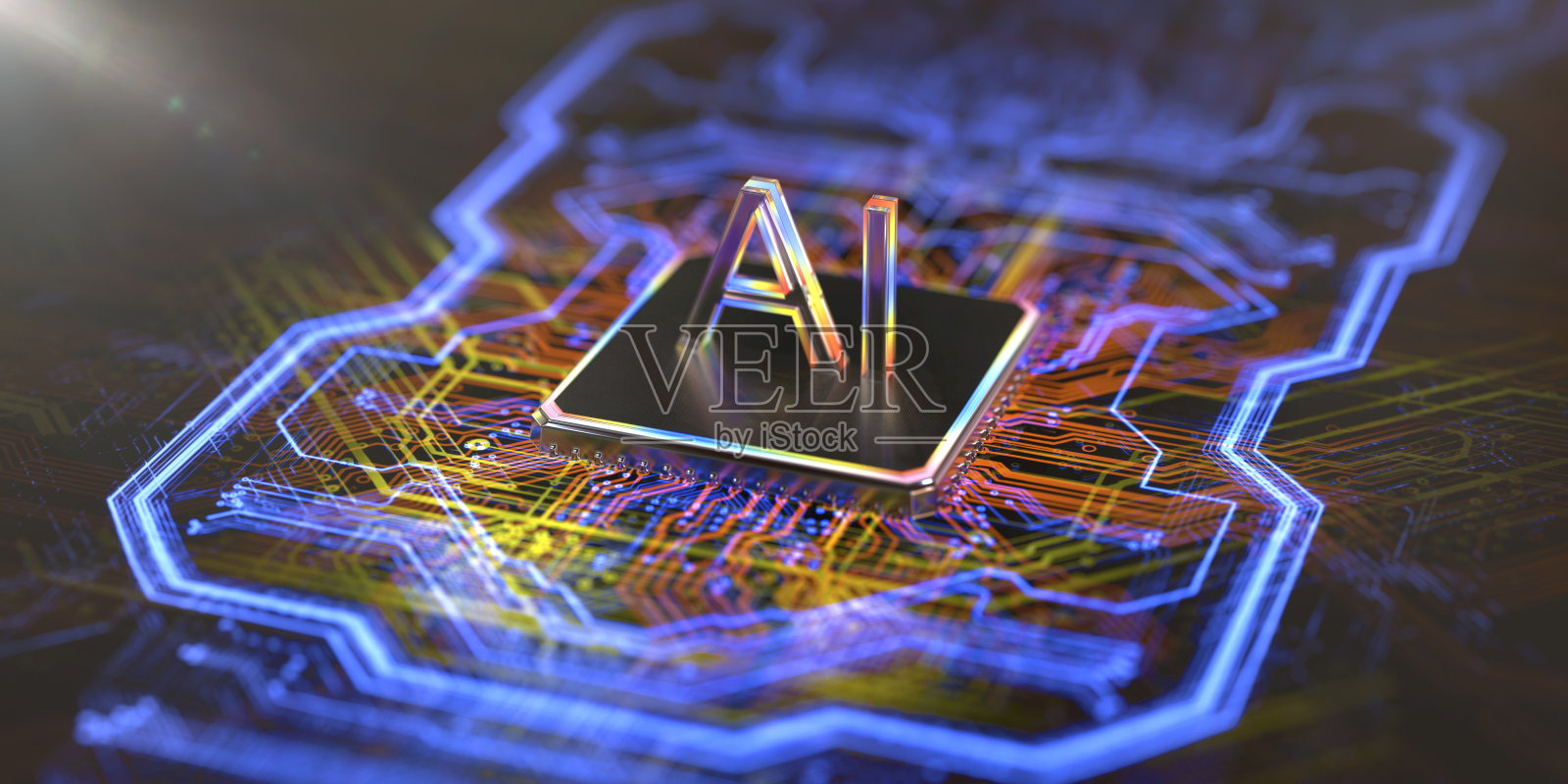 PCB主板上的人工智能量子AI处理器组件。照片摄影图片