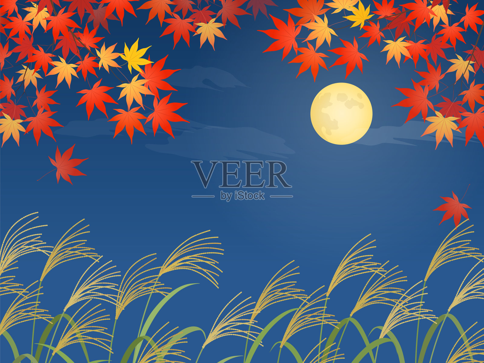 潘帕斯草原，秋叶和满月背景插画图片素材
