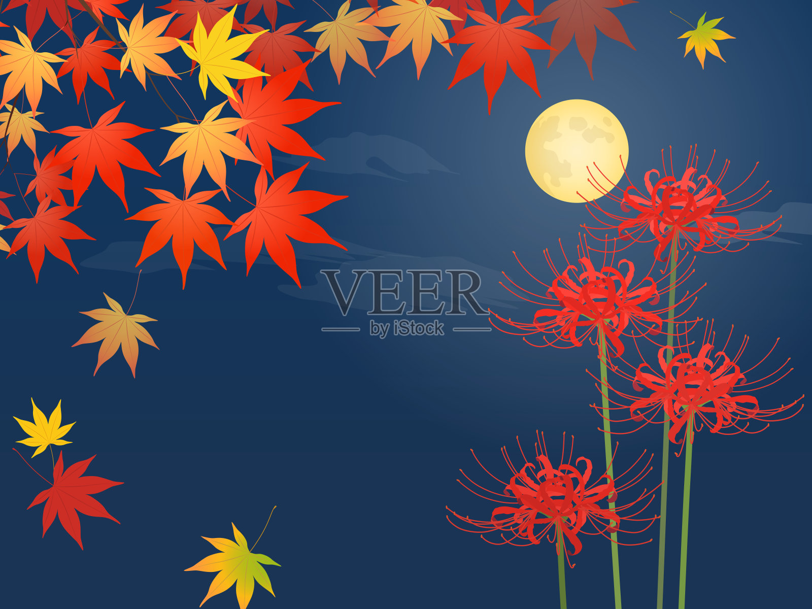 红蜘蛛百合，秋叶和满月景观插画图片素材