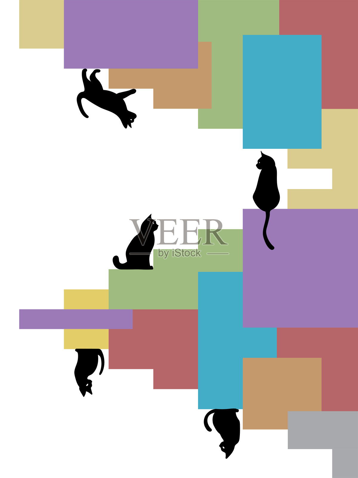 黑猫站在五颜六色的楼梯上插画图片素材