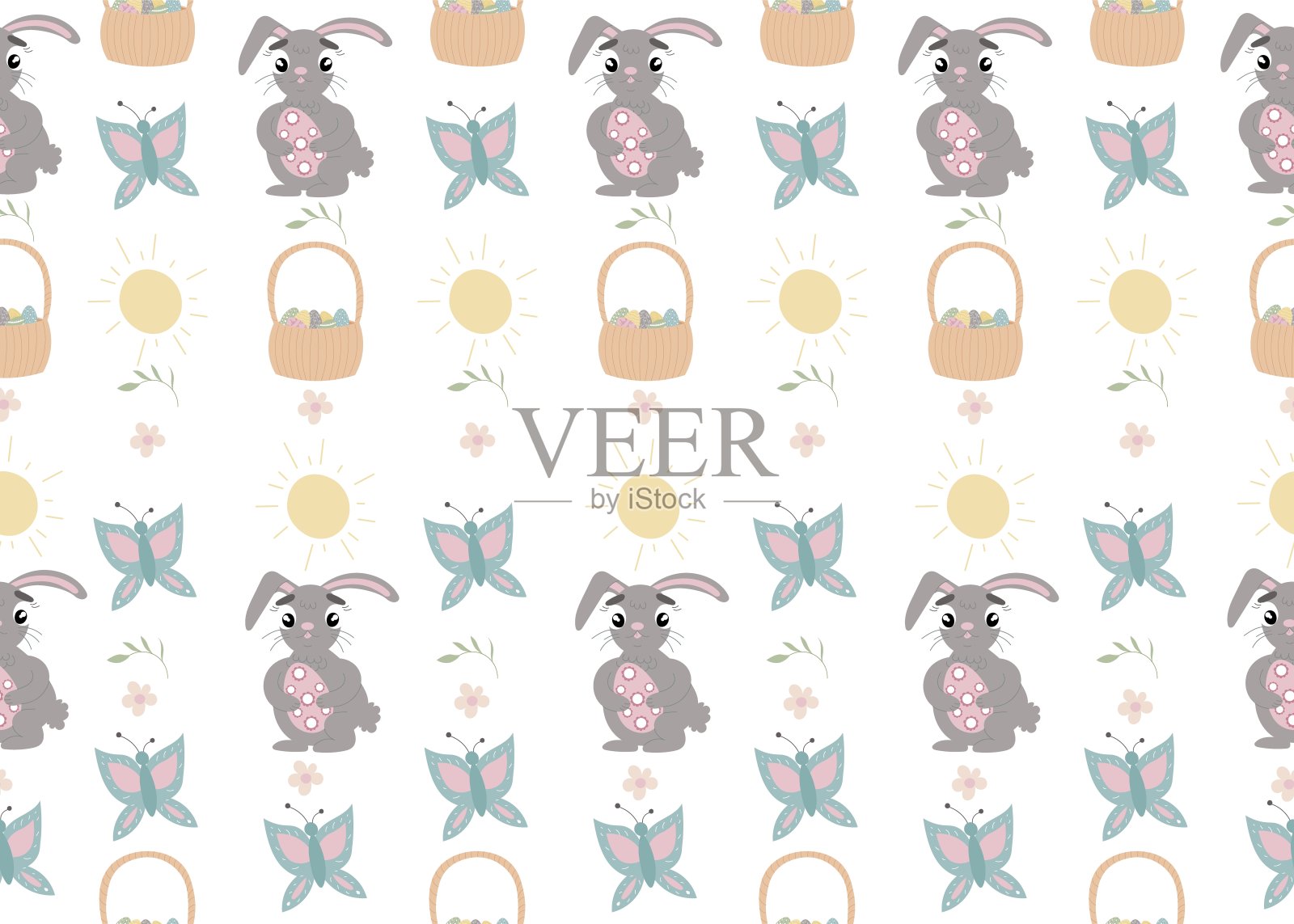 复活节图案与复活节兔子，篮子，蝴蝶在白色的背景。插画图片素材