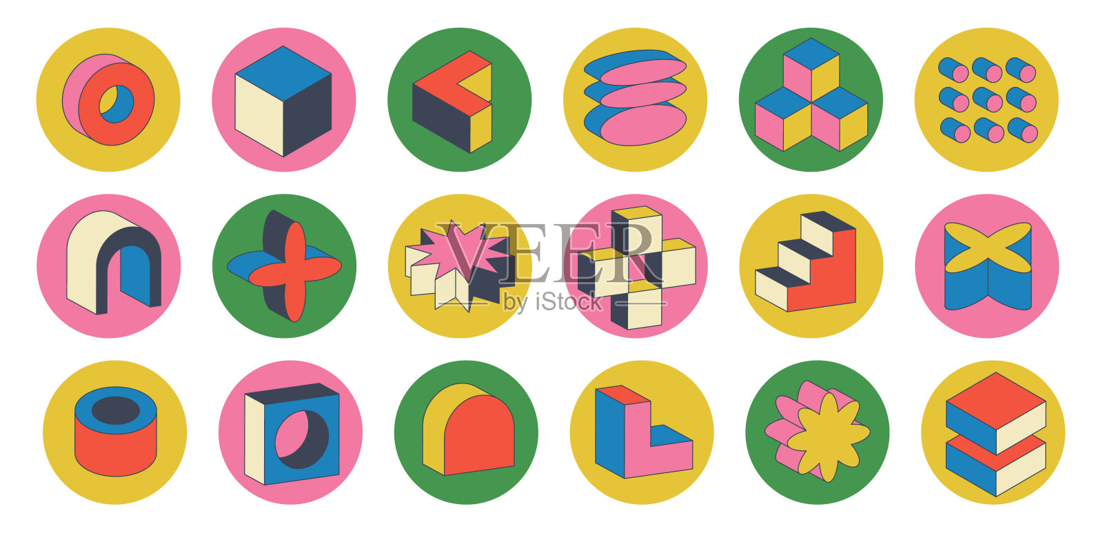 俏皮的复古贴纸与等距图形。集几何野蛮形状。带有抽象元素的矢量插图。极简主义的圆形图标插画图片素材