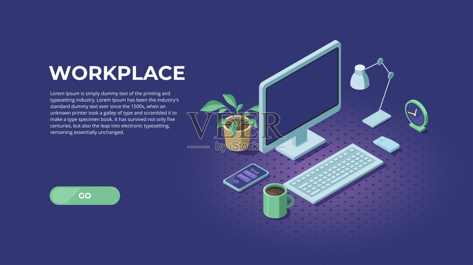 工作场所俯视图，显示器，键盘，笔记本，电话，咖啡。工作空间，分析，管理插画图片素材