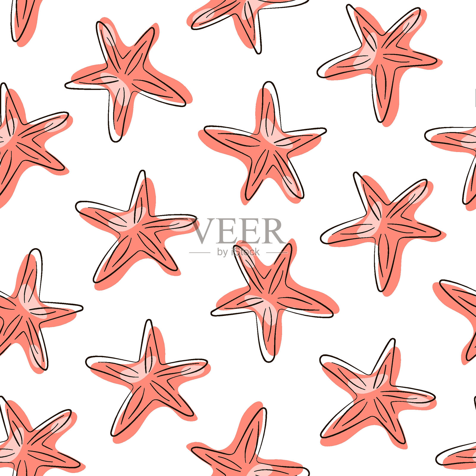 海星无缝图案线条艺术风格。用于墙纸、包装、织物和纺织品的海底卡通设计。矢量插图在一个白色的背景。插画图片素材