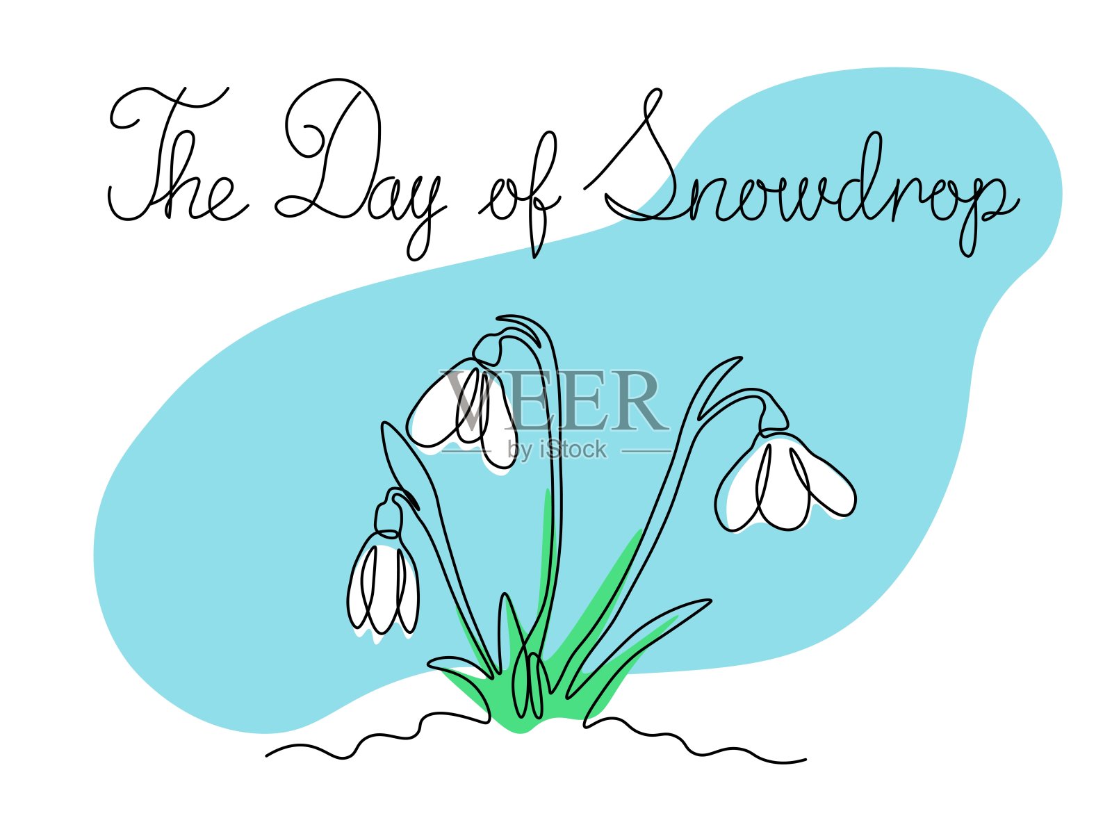 白雪公主的日子。抽象春天的雪花莲在雪地上，连续的一行艺术手绘素描插画图片素材