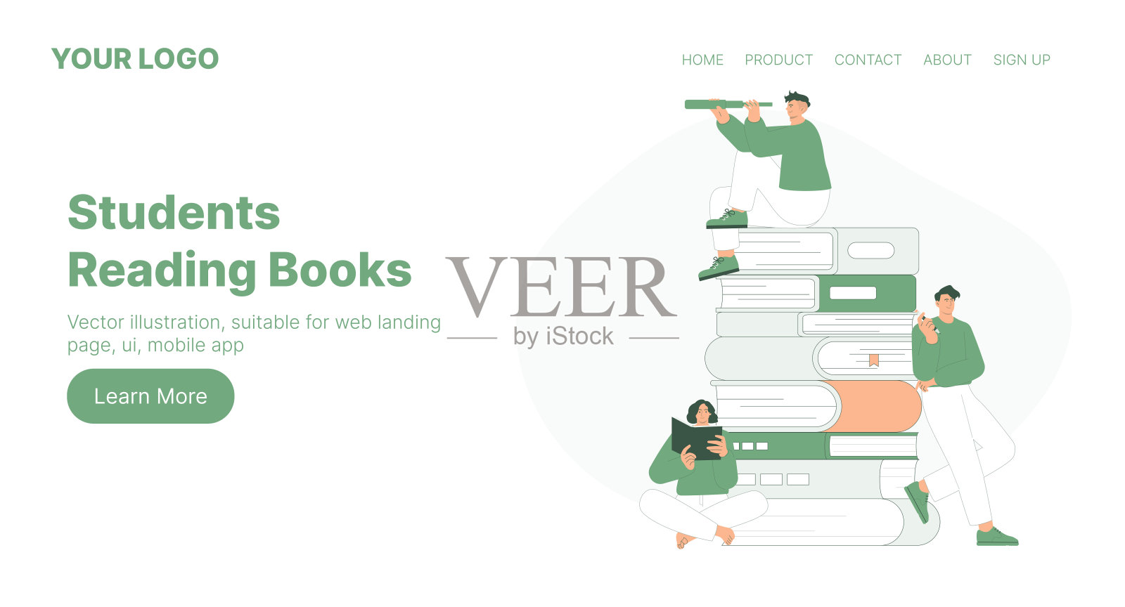 学生阅读。网页登陆页设计。平面卡通矢量插图。插画图片素材