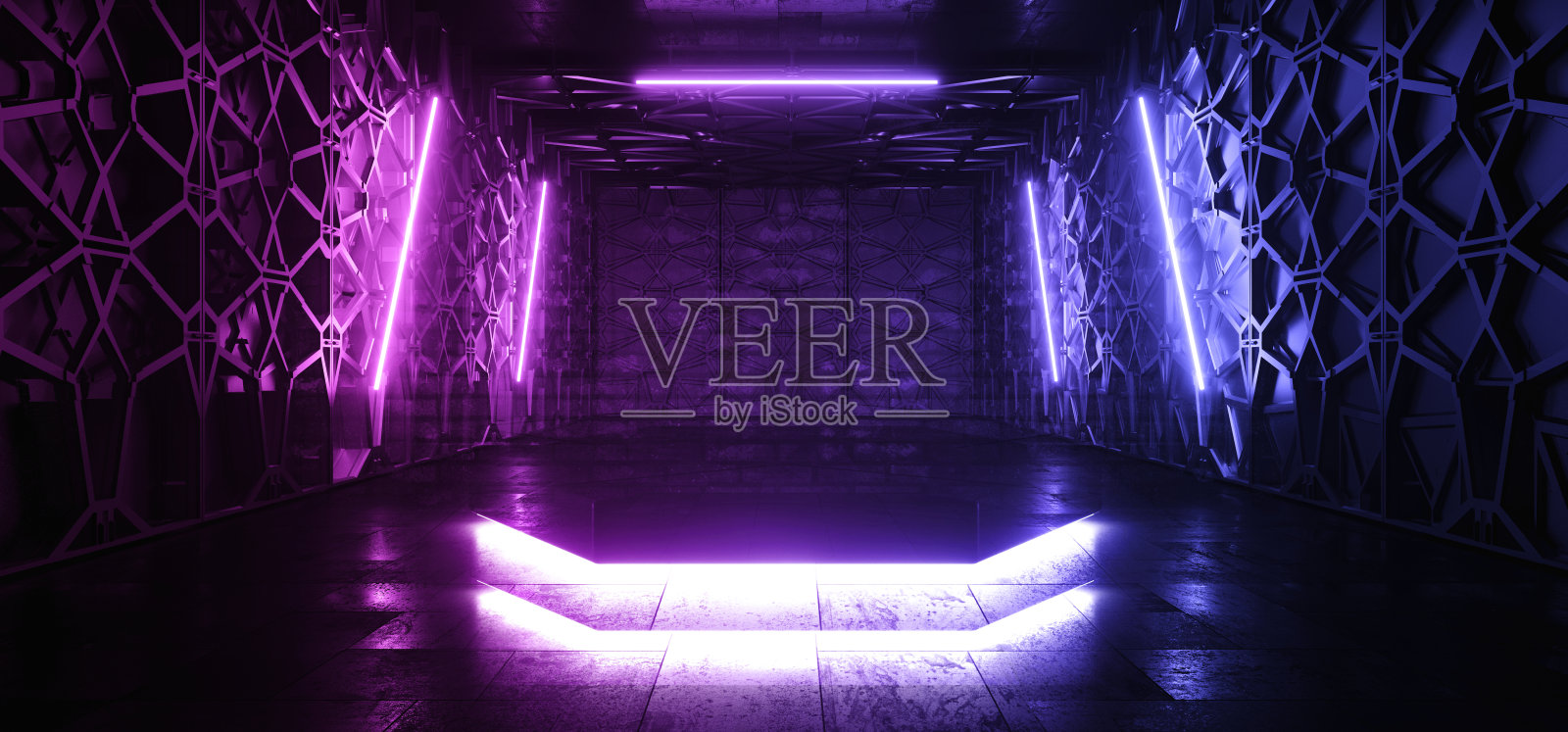 网络未来科幻背景场景讲台展厅技术外星人网格金属墙水泥地板发光霓虹灯激光3D渲染照片摄影图片