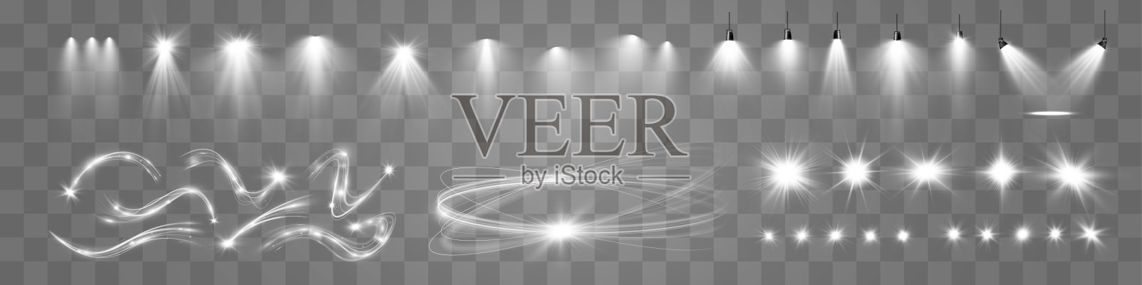 光的白色波和聚光灯发光效果，矢量发光线闪闪发光。银色波浪效果。插画图片素材