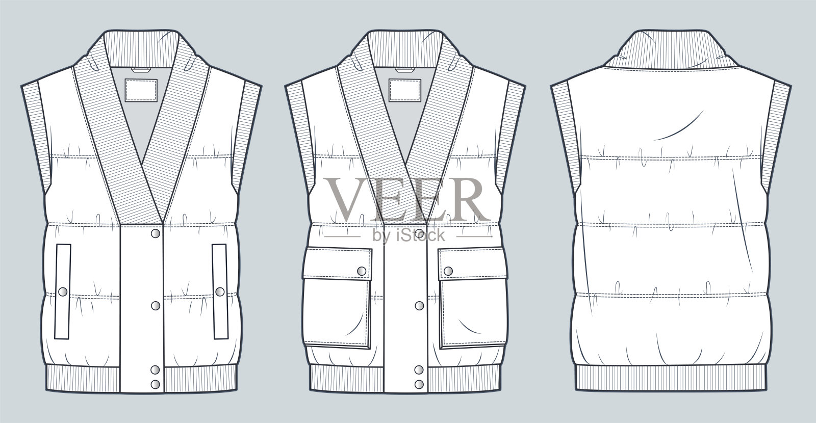 羽绒服背心技术时尚插图。羽绒背心大衣与罗纹装饰时尚平面技术图纸模板，口袋，纽扣，前后视图，白色，女性，男性，男女通用CAD模型集。插画图片素材