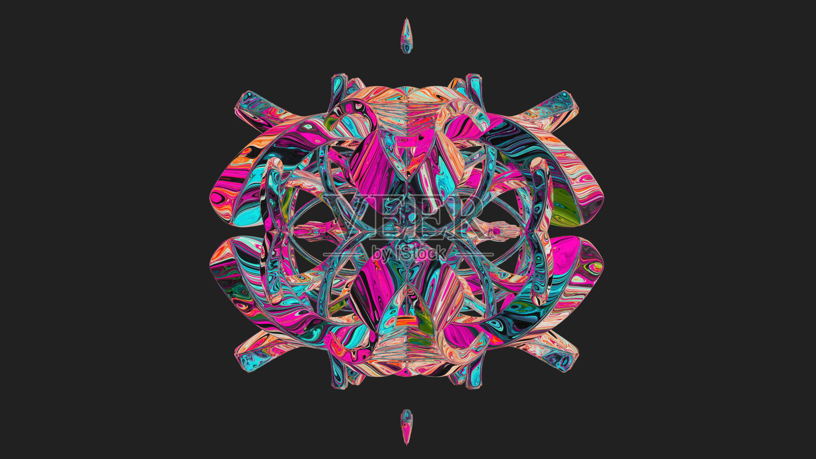 中央放置弯曲和非常丰富多彩的艺术多层纹理抽象对称形状-三维插图照片摄影图片