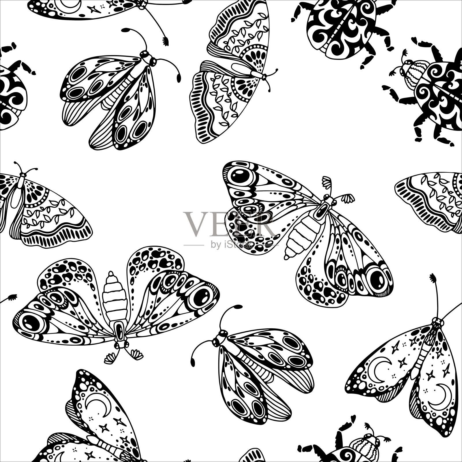 蝴蝶飞蛾图案。无缝的向量。天上的魔法抽象神秘的设计。哥特式绘画。黑白矢量绘图，该死。彩色书插画图片素材
