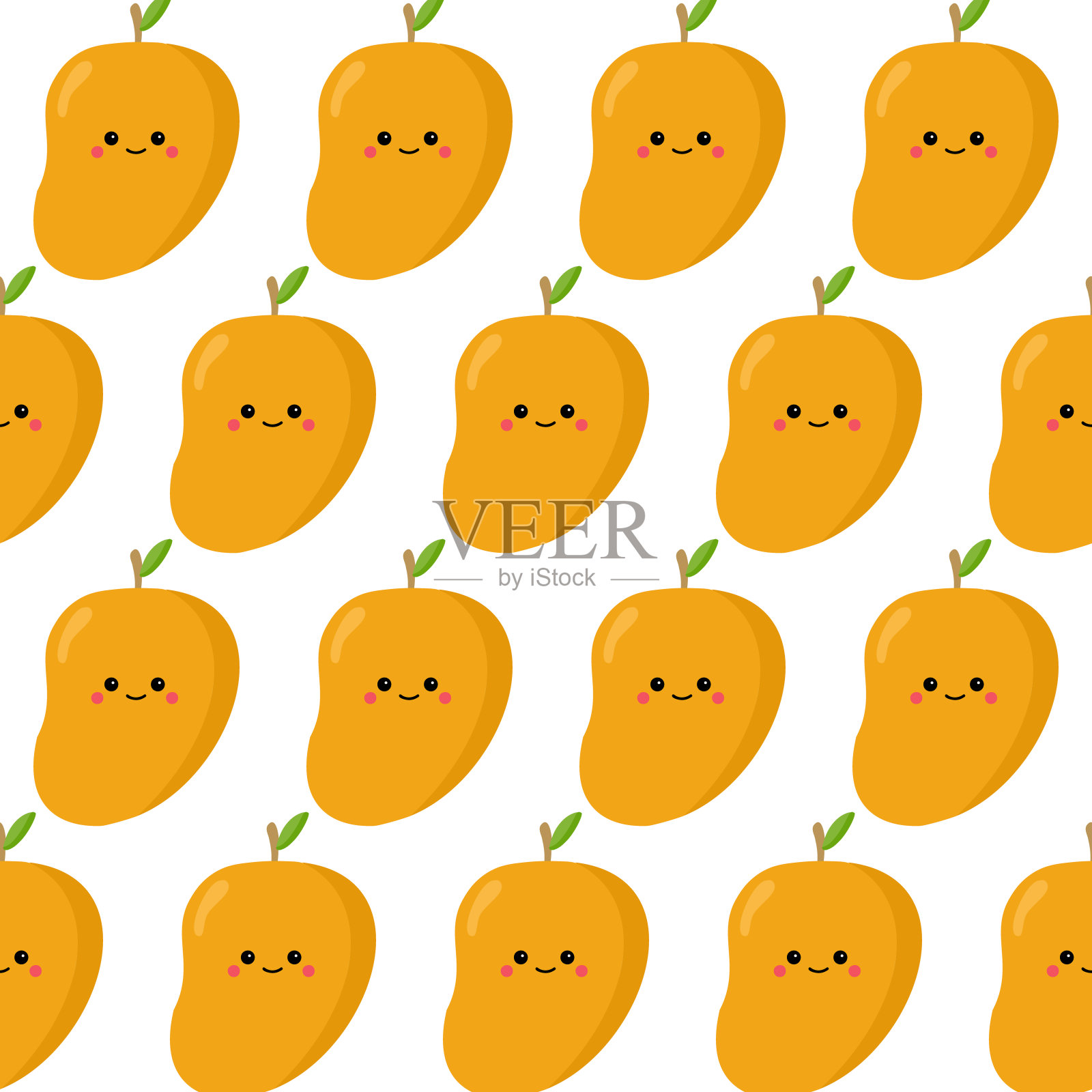 芒果水果无缝图案矢量插图。简单可爱的人物背景。插画图片素材
