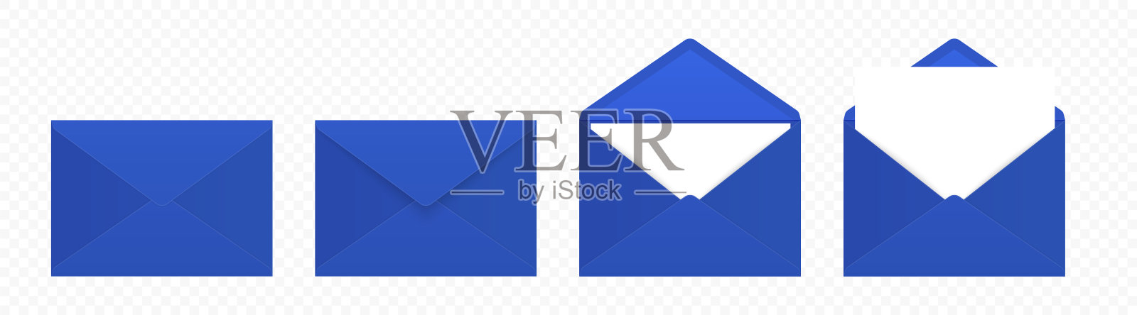 矢量蓝色信封与空白信件。折叠，展开孤立信封集。设计模板。消息，通知，邮寄，惊喜和祝贺概念插画图片素材