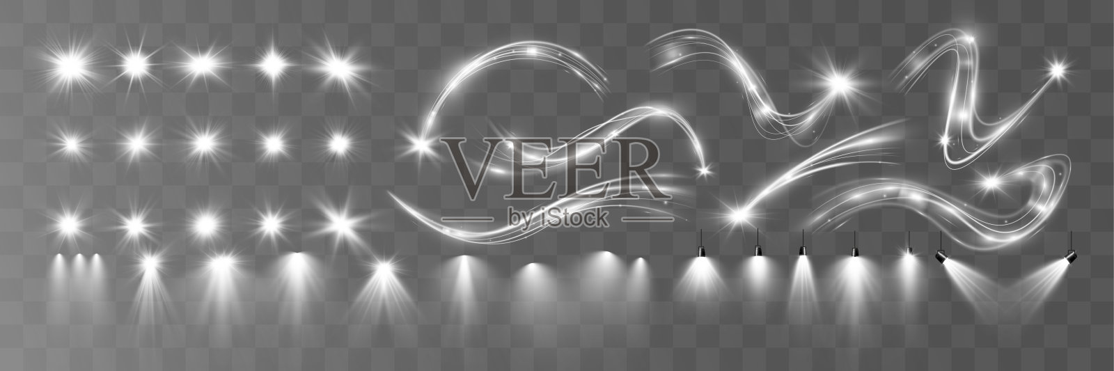 光的白色波和聚光灯发光效果，矢量发光线闪闪发光。银色波浪效果。插画图片素材