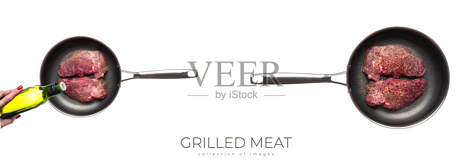 白底煎锅上的大理石牛排。这块肉被隔离了。红肉。照片摄影图片