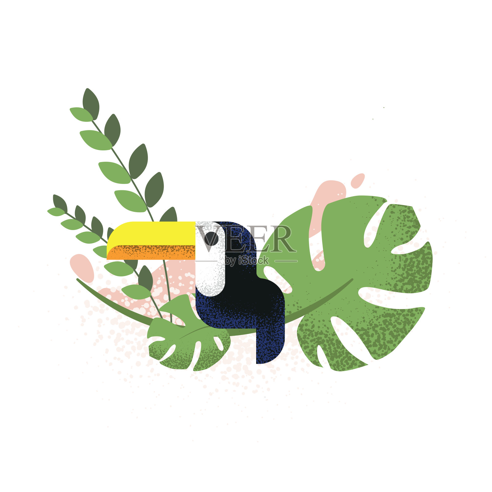 有趣的巨嘴鸟打印儿童t恤，封面，壁纸，海报，枕头，剪贴簿。插图海报，纹理，噪点效果，平面。异国的植物，设计的鸟。怪物，绿叶插画图片素材