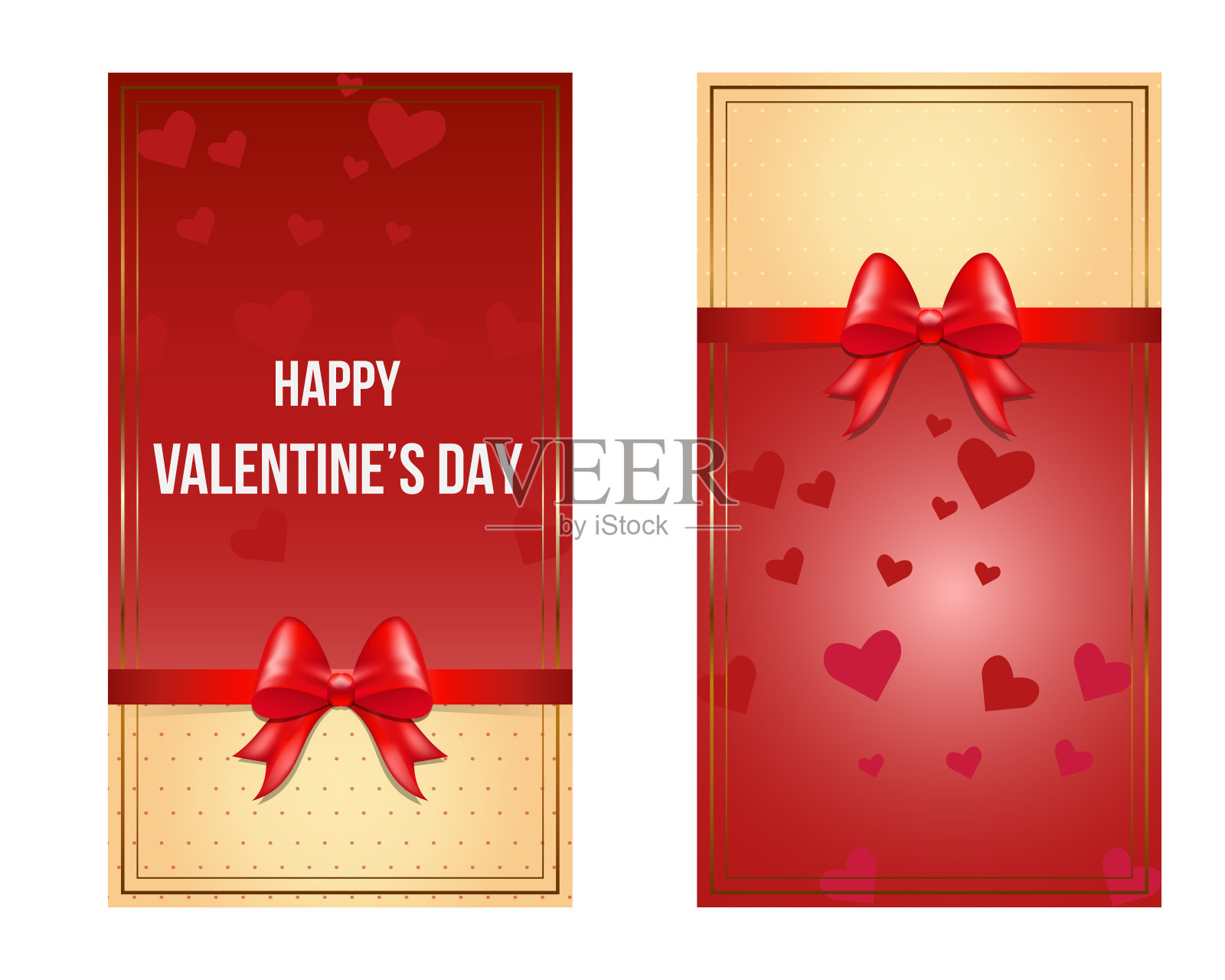 情人节贺卡套装，红色蝴蝶结和心形图案。插画图片素材