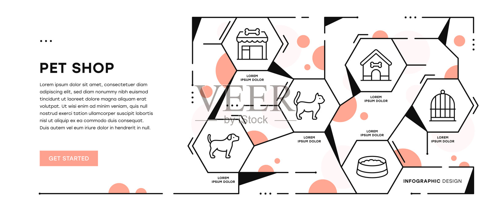 宠物店信息图表网页横幅与可编辑的笔画图标插画图片素材