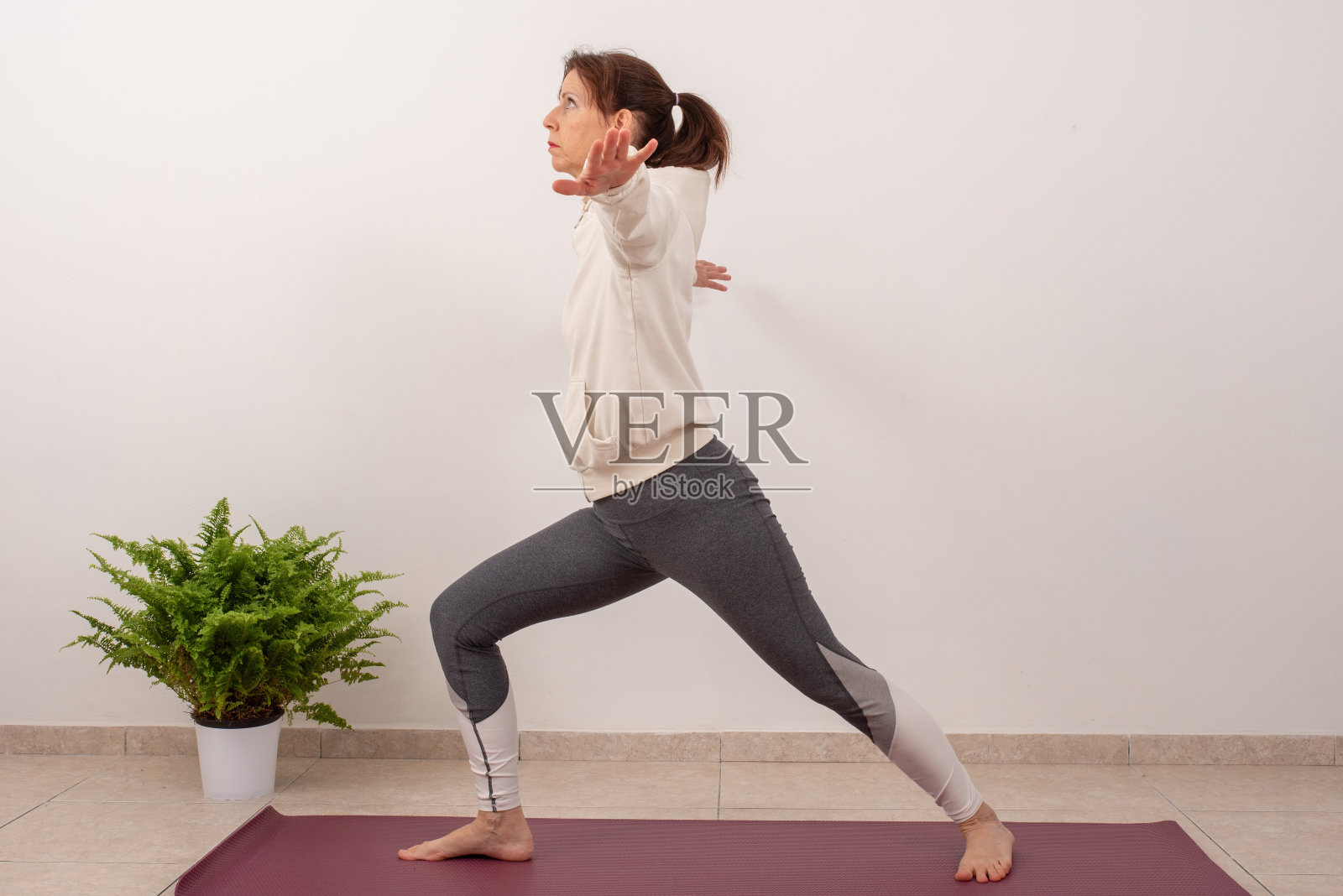 德国妇女在室内练习瑜伽。健康的生活方式和放松的理念。照片摄影图片