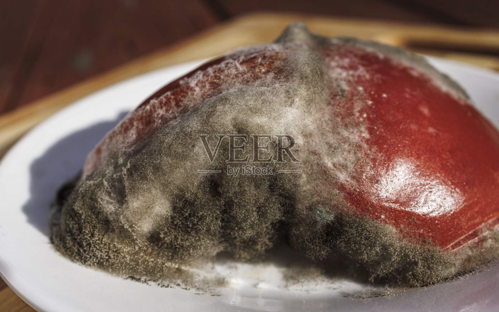 白色盘子上长满霉菌的烂番茄，特写。照片摄影图片