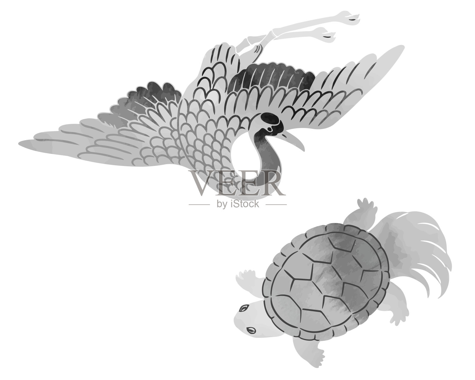 Sumi-e风格的鹤和乌龟插图插画图片素材