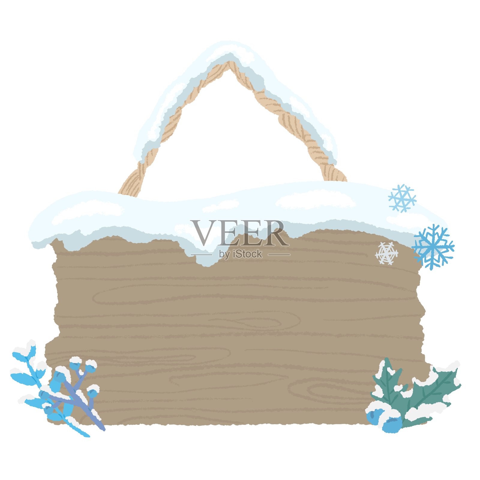 雪木招牌和冬季植物装饰，质感彩色铅笔手绘插图插画图片素材