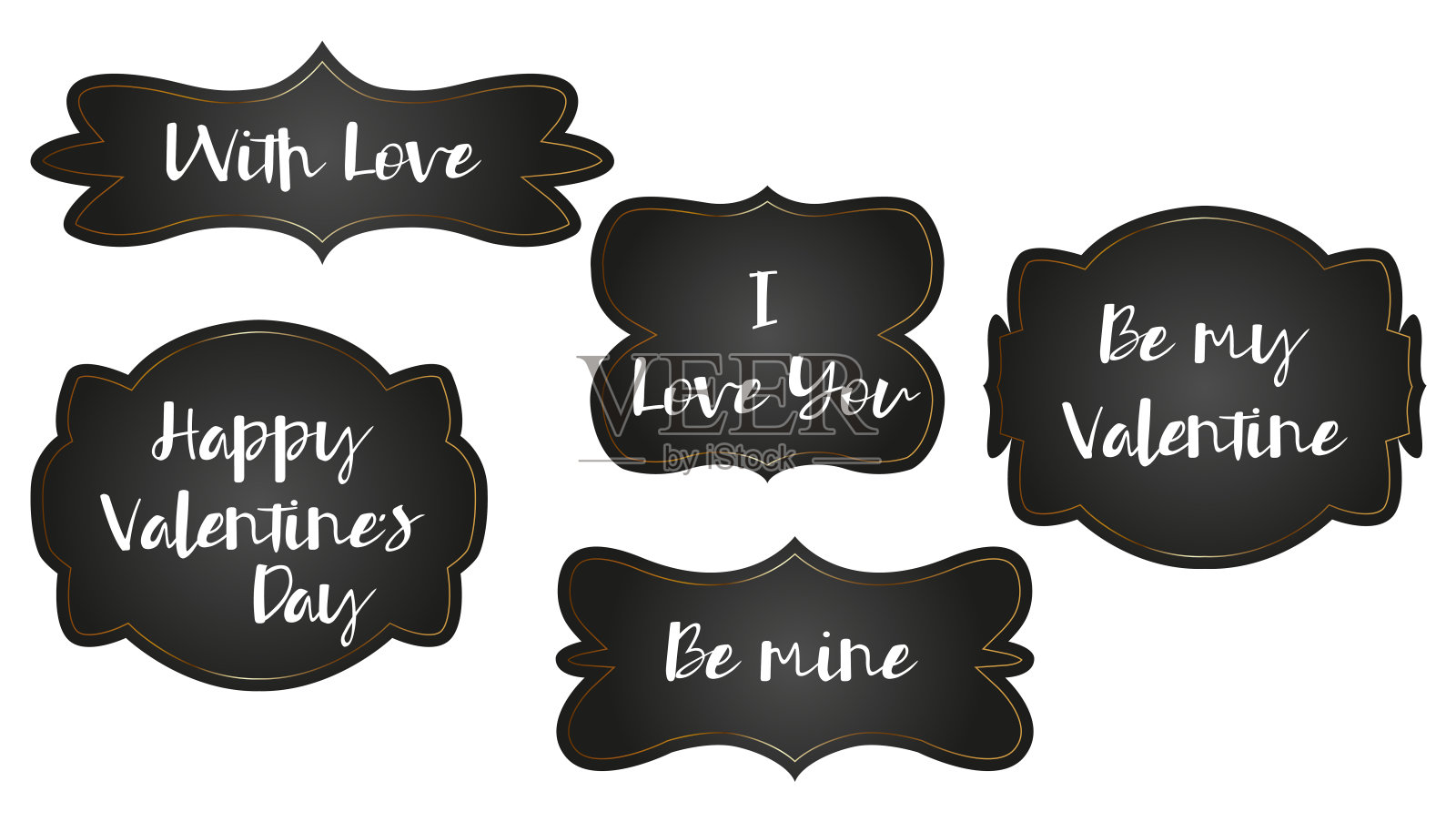 情人节装饰复古的金色框架设置孤立的白色背景。爱的旗帜插画图片素材