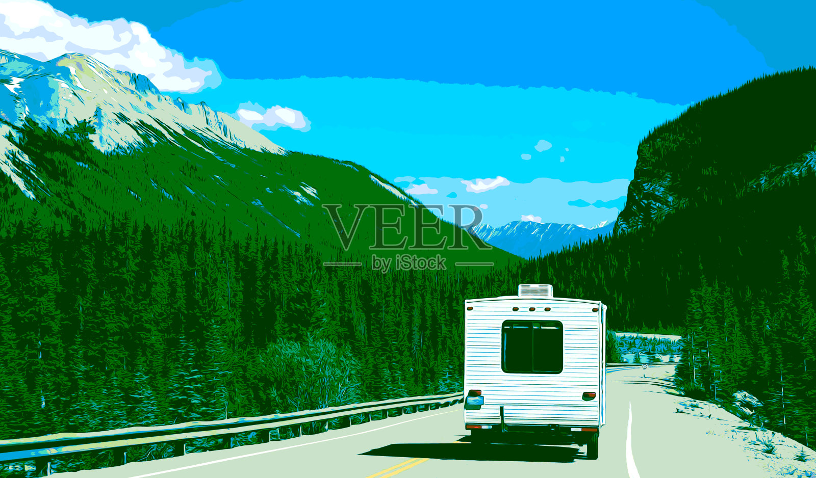 加拿大班夫国家公园落基山脉冰原公路上房车的版画风格插画图片素材