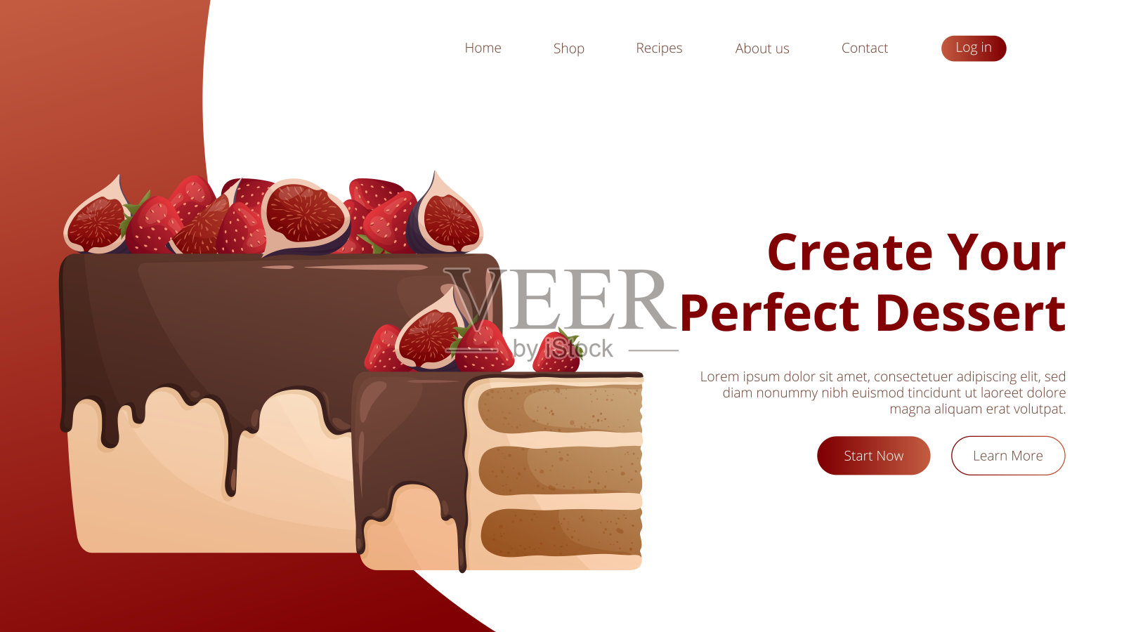 创建你完美的甜品网站，登陆页面。草莓，无花果和可可装饰的蛋糕插画图片素材