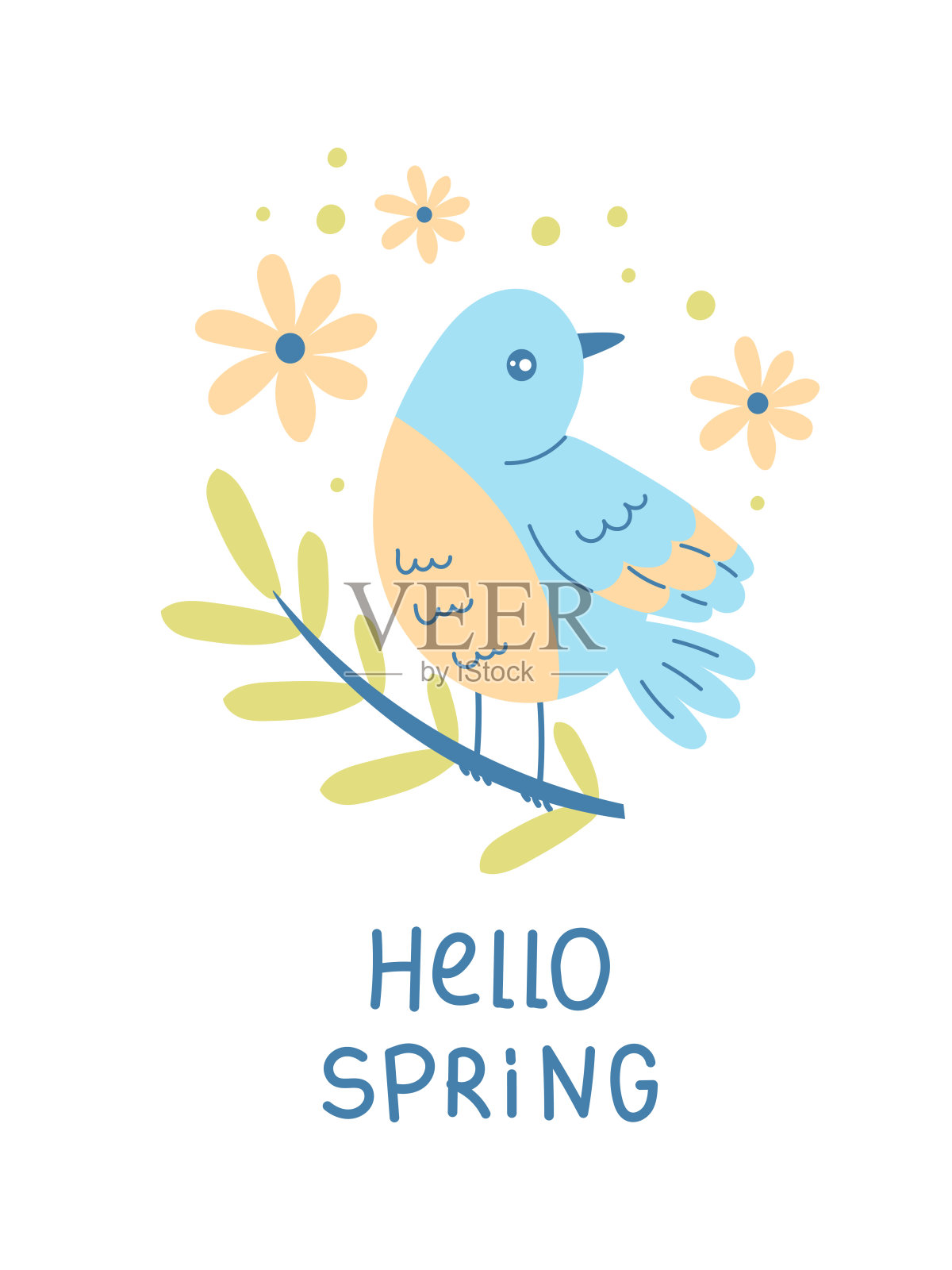 你好，春天的文字与鸟插画图片素材
