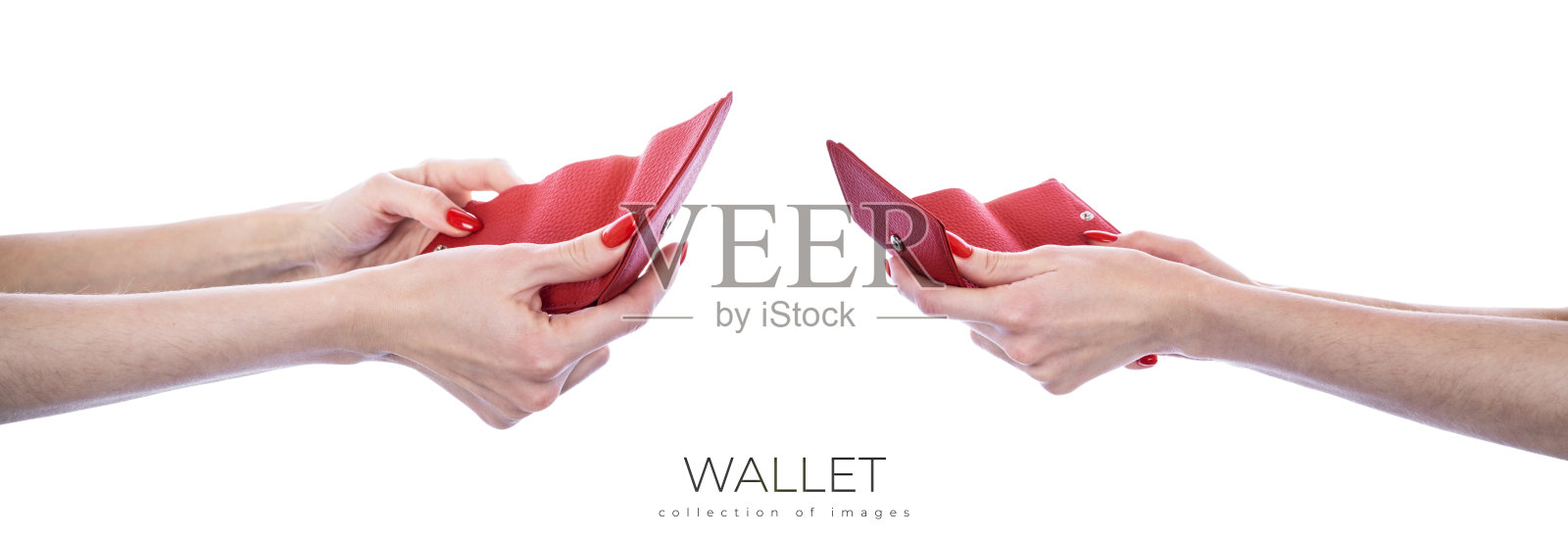 女性手中的钱包被隔离在白色背景上。女性的钱包。照片摄影图片