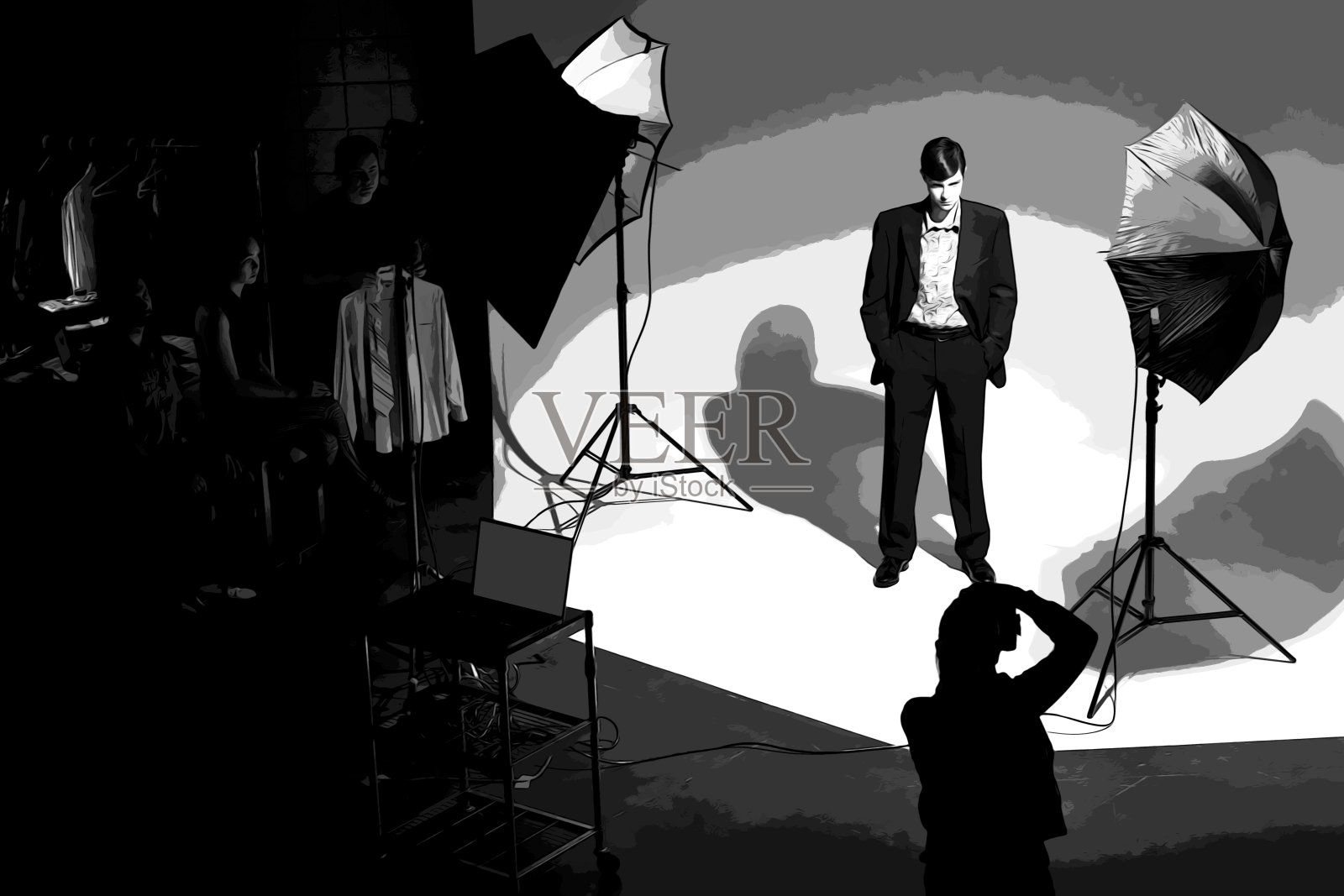 版画风格插图的人在幕后工作的照片拍摄插画图片素材