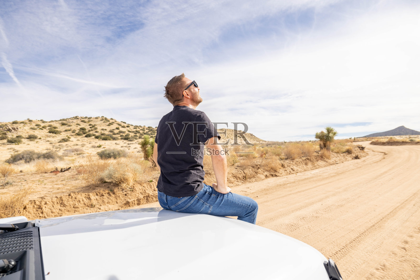 宁静的远景:一个人从他的汽车引擎盖上凝视着野性的自然照片摄影图片