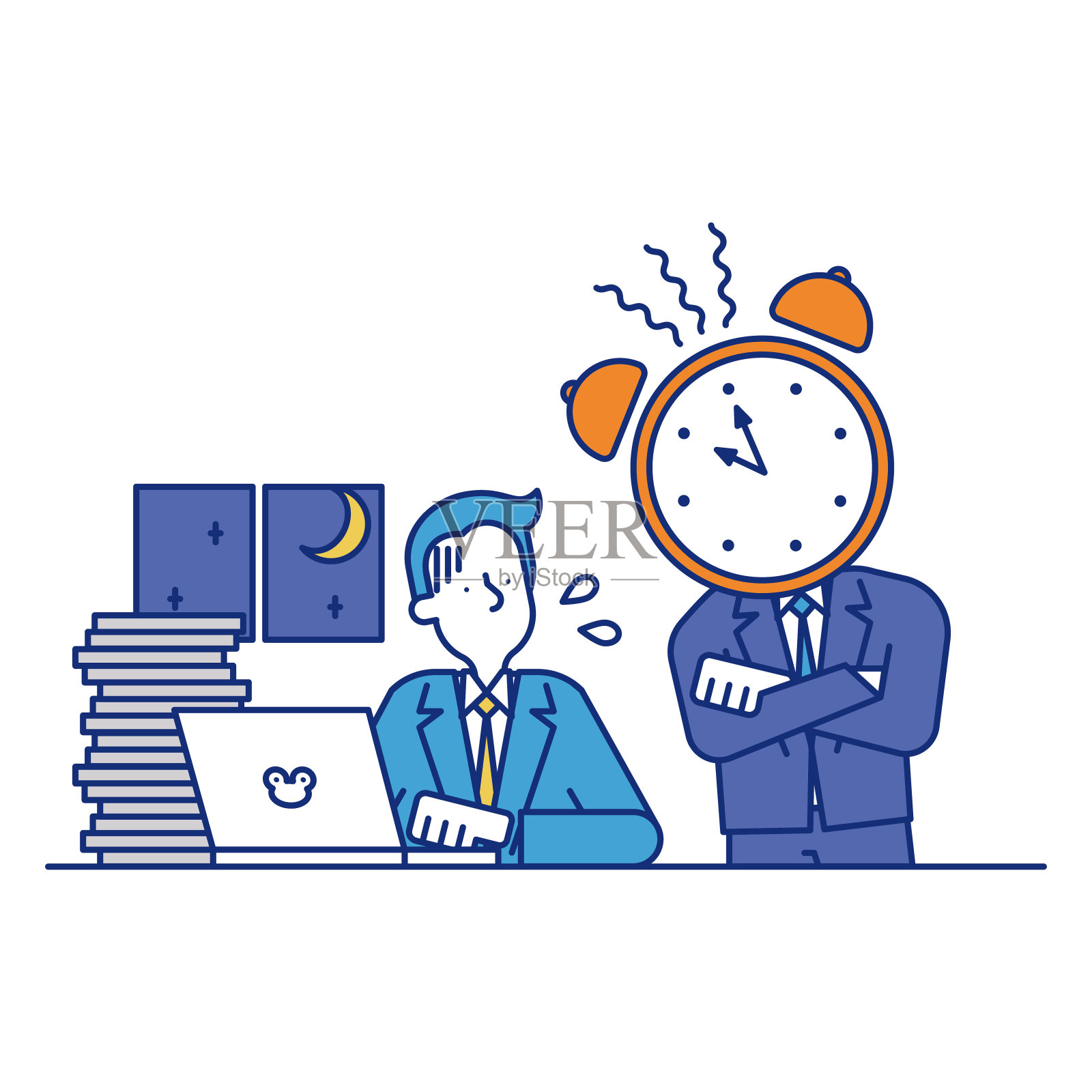 一个疲惫的商人，他没有完成他的工作，并继续加班插画图片素材