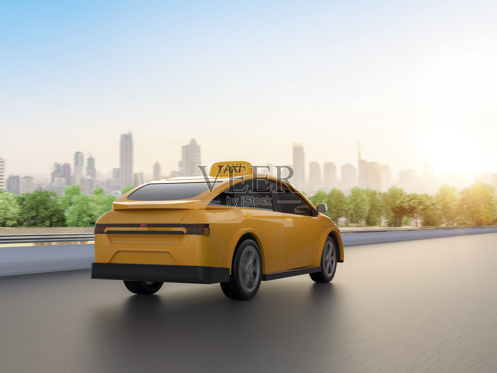 城市中的黄色电动出租车或电动汽车照片摄影图片