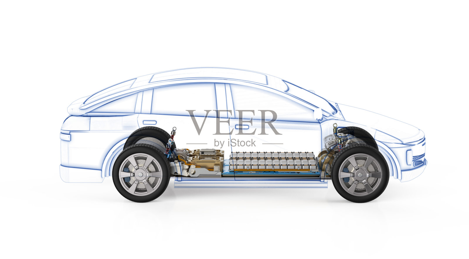 平台上装有电池组的电动汽车或电动汽车照片摄影图片