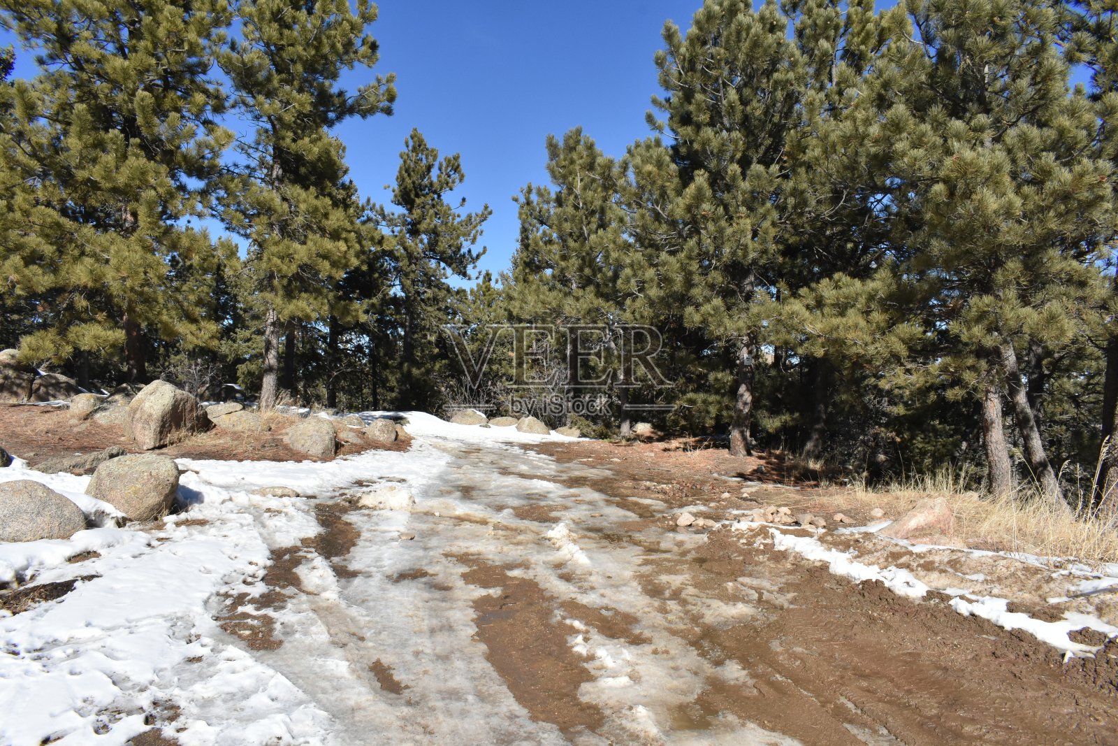 土路，冬天在阳光峡谷的观点，科罗拉多州照片摄影图片