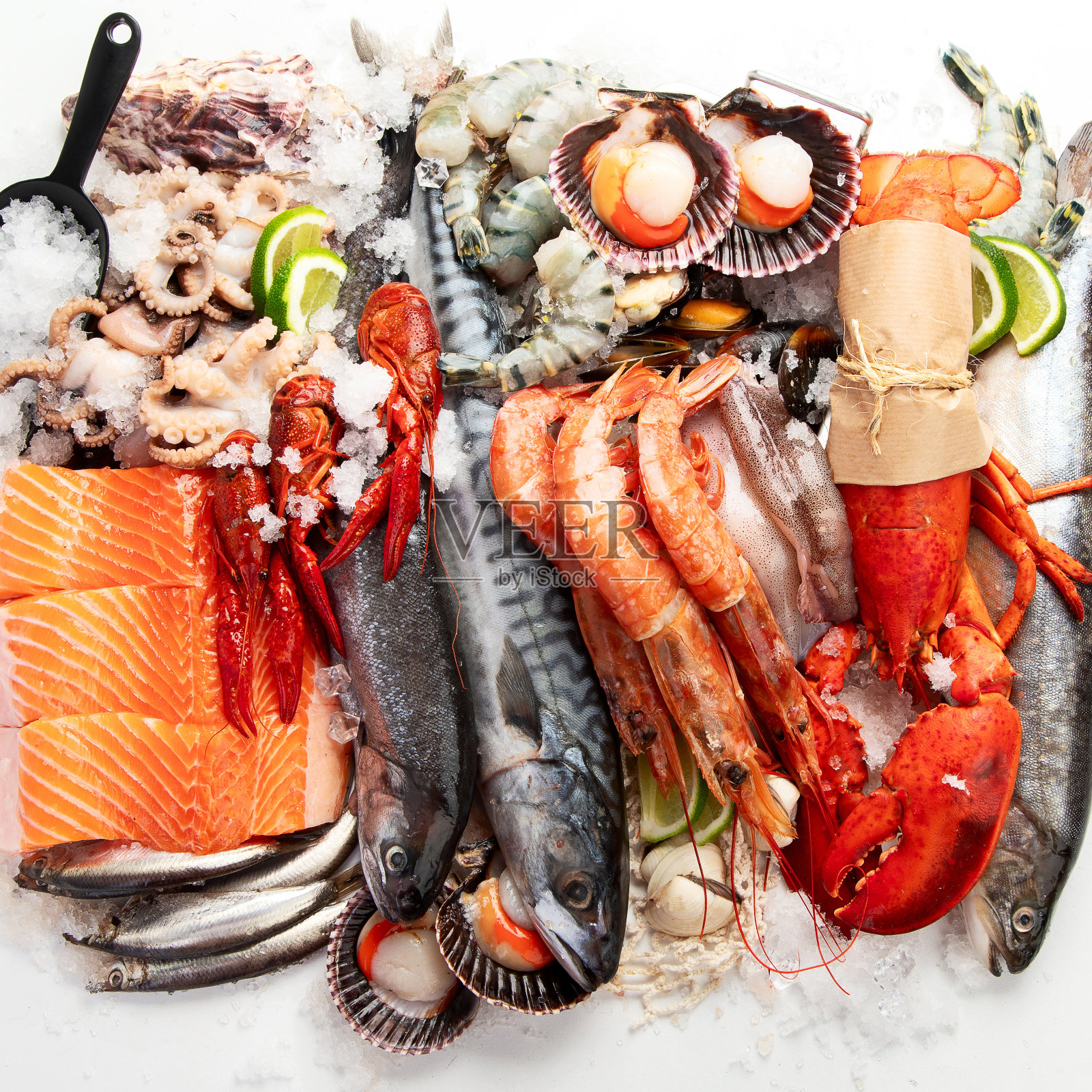 各式各样的鱼类菜肴-章鱼，虾，蟹，海鲜，贻贝，鲑鱼。照片摄影图片