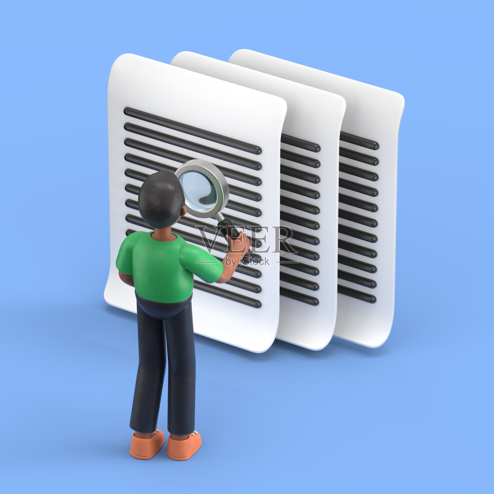 蓝色背景的等距图像，英俊的非洲裔男子大卫穿着西装，通过放大镜看文件，研究文件照片摄影图片