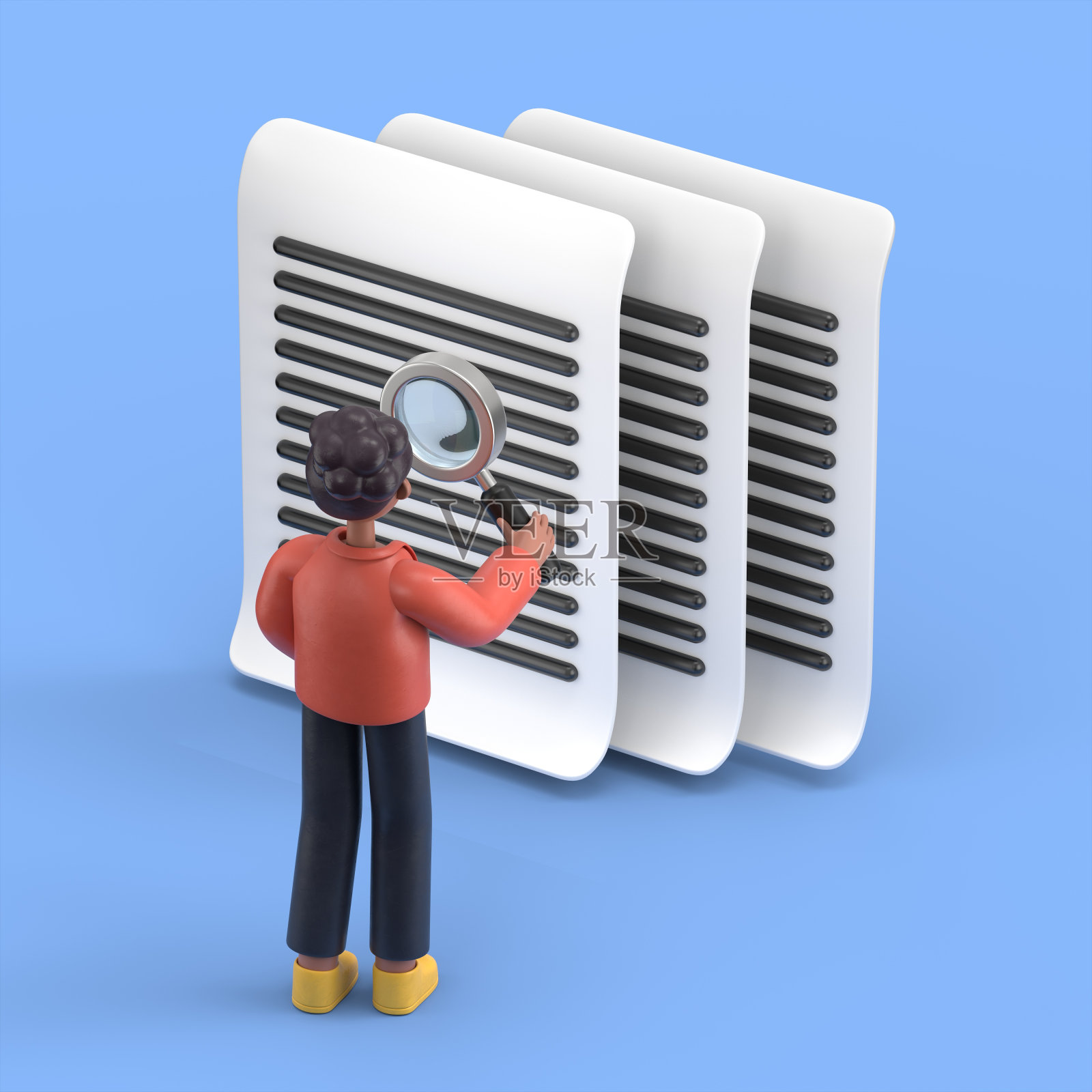 蓝色背景的等距图像，非裔美国妇女可可身着商务套装，通过放大镜查看纸质文件，研究文件照片摄影图片