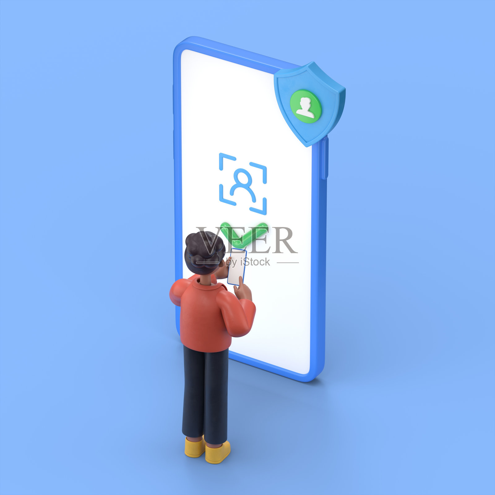 人脸识别概念设计。3D插图非洲裔美国妇女可可可以用于网页横幅，信息图表，英雄形象。平面等距三维插图孤立的蓝色背景。照片摄影图片