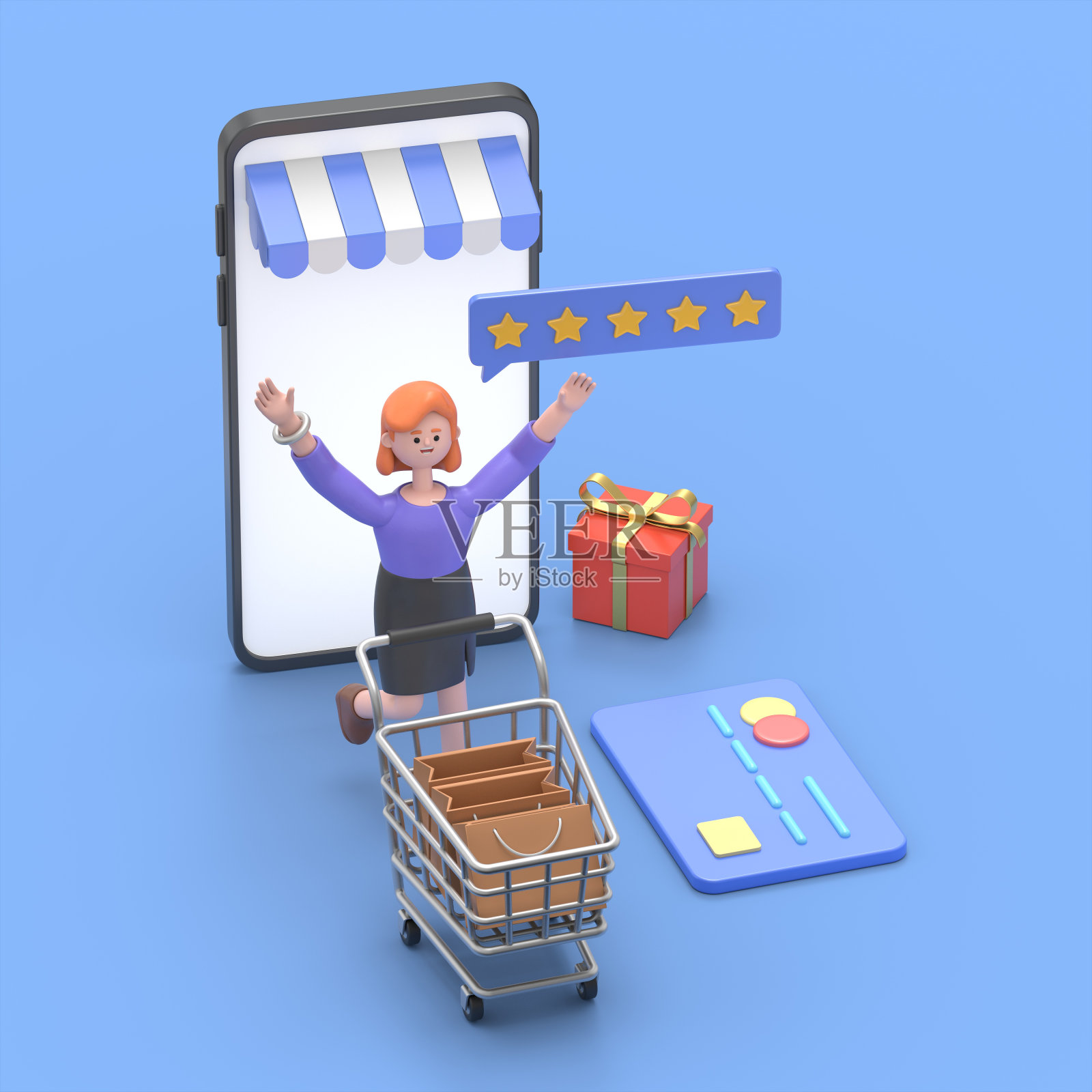 网店，有个性的购物理念。商业结账支付，电子商务零售设备上的客户应用。3D插图的欧洲女商人艾伦采购。平面等距字符插图。照片摄影图片