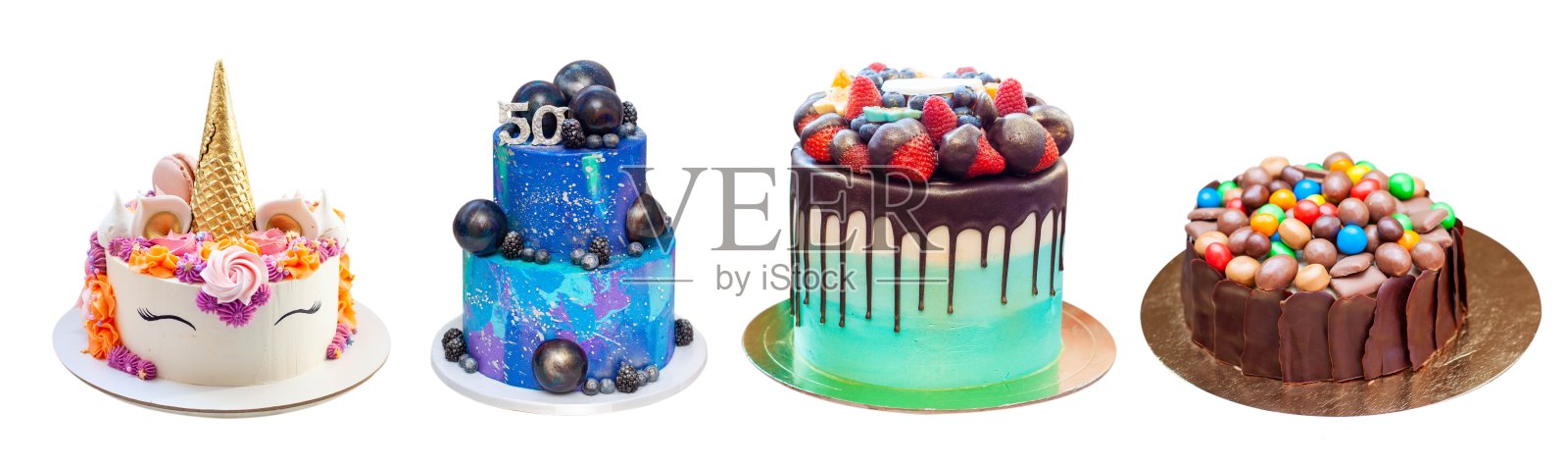 美丽的庆祝生日蛋糕与彩色洒落，糖果和浆果隔离在白色背景，png，复制空间照片摄影图片