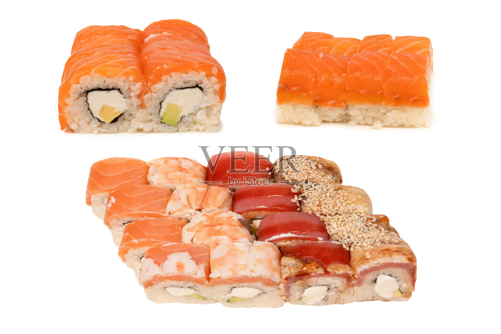 三文鱼、虾、鳗鱼、金枪鱼寿司卷。照片摄影图片